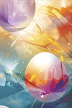 Easter-inspired abstract artwork with layered, translucent egg shapes overlapping with bursts of