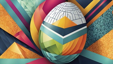 Abstract Easter egg design with geometric patterns, bold colors, and a mix of textures, creating a