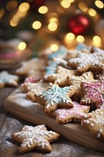 A detailed shot of Christmas cookies on a wooden table, featuring star-shaped cookies with colorful