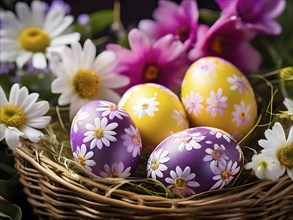 Vibrant-colored Easter eggs in a wicker basket, surrounded by delicate spring flowers, AI generated