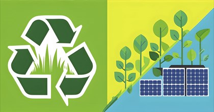 Recycling symbol morphing into growing plants and solar cells to symbolize the transformation of