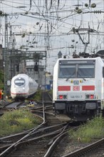 Arriving ICE and departing Intercity, track apron of Cologne Central Station, Cologne, North