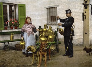 Milk seller with a cart pulled by dogs, Control, Brussels, Belgium, ca 1895, Historic, digitally