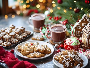 Kitchen counter filled with Christmas cookies, gingerbread houses, and mugs of hot chocolate, with