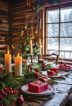 Rustic wooden table in a cabin, covered with Christmas holiday decor, AI generated