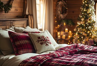 Cozy winter bedroom with flannel sheets, holiday throw pillows, with a warm glow filling the room,