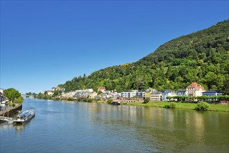 Heidelberg, Germany, June 28th 2024: View over lower Neckar river bank with street and residential