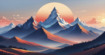 Minimalist landscape with stylized mountains and a setting sun, represented by simple geometric