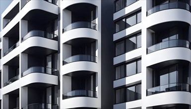 Rendering of a modern real estate apartment building in clean geometric forms in black and white,