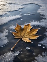 Delicate leaf resting on the surface of a frozen puddle, with intricate ice crystals forming