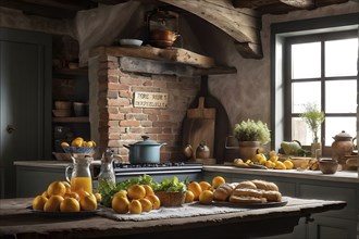 Rustic kitchen interior with exposed wooden beams, a farmhouse sink, and a table set with freshly