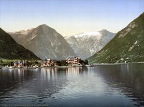 The town of Balestrand and the Kvikne Hotel, on the Sognefjord, Norway, around 1895, Historical,