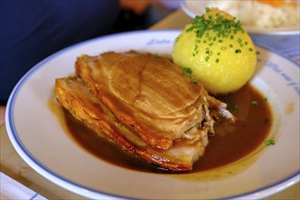 Roast pork with potato dumplings, food, Reutberg, Upper Bavaria. Bavaria, Germany, Europe