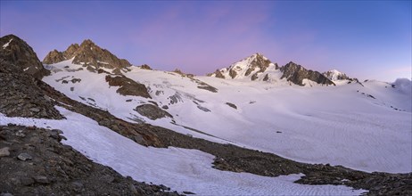 High alpine mountain landscape at sunset, Glacier du Tour, glacier and mountain peak, summit of the