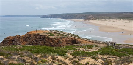 Panorama of a coastline with beach and cliffs, Praia Bordeira beach, Parque Natural do Sudoeste