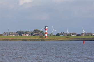 Lighthouse, thatched roof houses, wind power plants, Glückstadt, Elbe, Schleswig-Holstein, Germany,