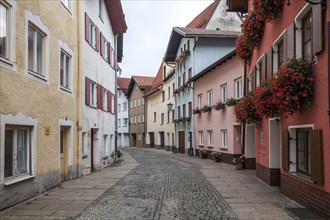 Street and houses in the historic old town of Füssen, Ostallgäu, Allgäu, Swabia, Bavaria, Germany,