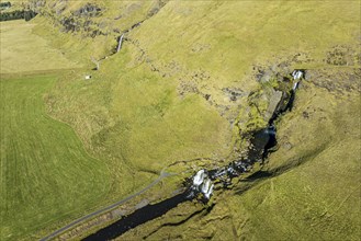 Aerial view of waterfall Gluggafoss (Merkjárfoss), Fljotsdalur valley, southern coast near