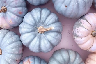 Banner with pastel pink and blue muscade pumpkins. Generative AI, AI generated