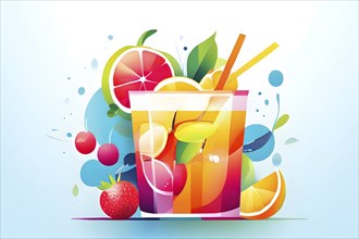 Minimalist illustration of abstract shapes and vibrant colors representing healthy drink and food,