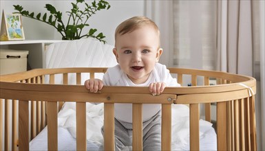 A smiling baby stands in a modern cot in a bright room, AI generated, AI generated