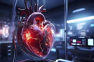 Human heart enmeshed in a delicate network of cells and arteries, AI generated