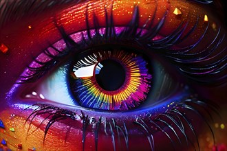 Close up portrait of an intricate eye makeup with vividly colored eyelids, AI generated