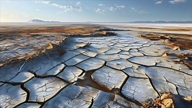 Aerial perspective of a salt and clay pan revealing the intricate patterns of its broken surface,