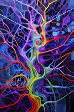 Abstract representation of neural networks modeled after the human brain with intricate web-like