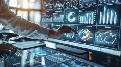 Business Analysis concept. Business analyst using graphs and data to analyze market trends, AI