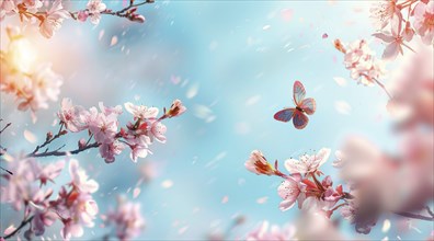 A blue and white background with pink flowers. Cherry blossom and Sakura concept, AI generated