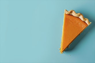 Top vie of single slice of pumpkin pie on blue background with copy space. Generative Ai, AI