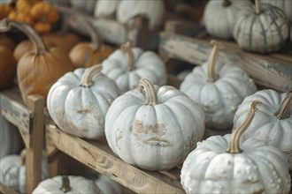 White pumpkins on wooden racks at market. Generative Ai, AI generated