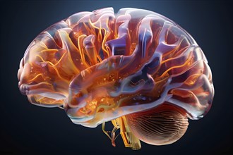 Three dimensional render of the intricately detailed human brain, AI generated