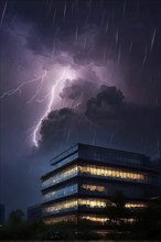 Office building with a full glass facade and illuminated windows at a rainy day with thunder