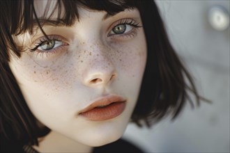 Face of young woman with freckles and dark hair with short bangs. Generative Ai, AI generated