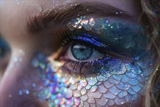 Close up of woman's beautiful mermaid Halloween costume eye makeup. Generative AI, AI generated