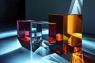 Reflective glass sculptures in abstract forms, AI generated