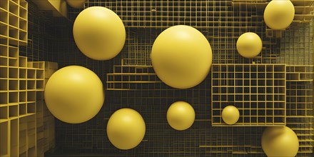 Abstract rendering of organic grid structure in a complex pattern in yellow color, AI generated