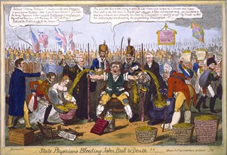 State physicians let John Bull bleed to death, caricature by G. Cruikshank 1816, from left: Lord