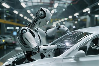 Futuristic humanoid cyborg working inside a car in a vehicle assembly production line, AI generated