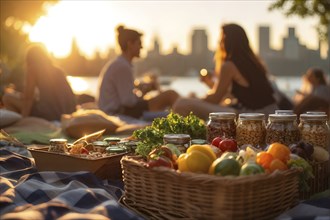 Picnic scene with healthy food and snacks in a urban scenery with skyline in background, AI