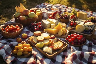 Overhead view of a picnic scene with healthy food and snacks in a sunny park, AI generated