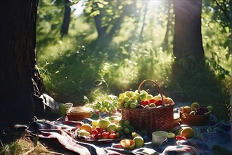 Midday picnic scene with healthy food and snacks in a sunny forest, AI generated