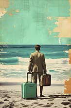 Vintage collage of a tourist with suitcase on a beach symbolizing vacation, AI generated