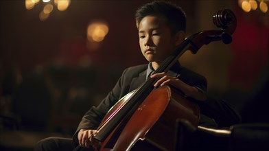 Young asian boy playing his cello at the concert hall under dramatic lights, generatvie AI, AI