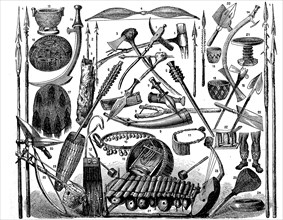 Tools, instruments, jewellery and weapons of the African peoples in 1880, Africa, Historical,