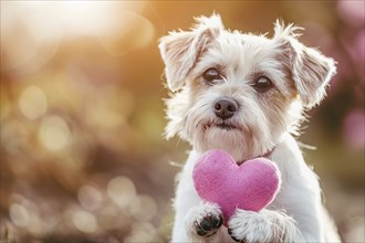 Dog holding pink plush heart in paws. Generative Ai, AI generated