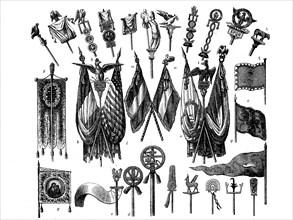 Flags, war flags, military flags and field insignia from different eras, illustration from 1880,