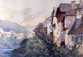 Ortschaft am Steilhang, Painting by Adolf Hitler (1889-1845), Historical, digitally restored